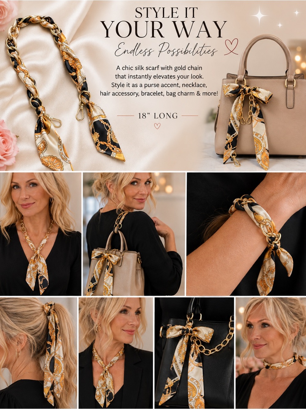 Vintage Style Scarf with Gold Toned Chain - Black & Gold Women’s Accessory NEW